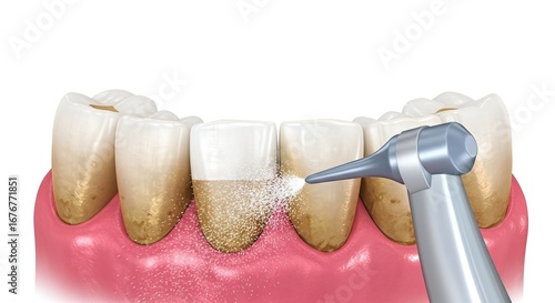 Dental cleaning procedure showing plaque removal from teeth isolated on white background