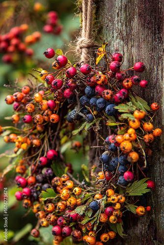 autumn wreath with berries on wooden background