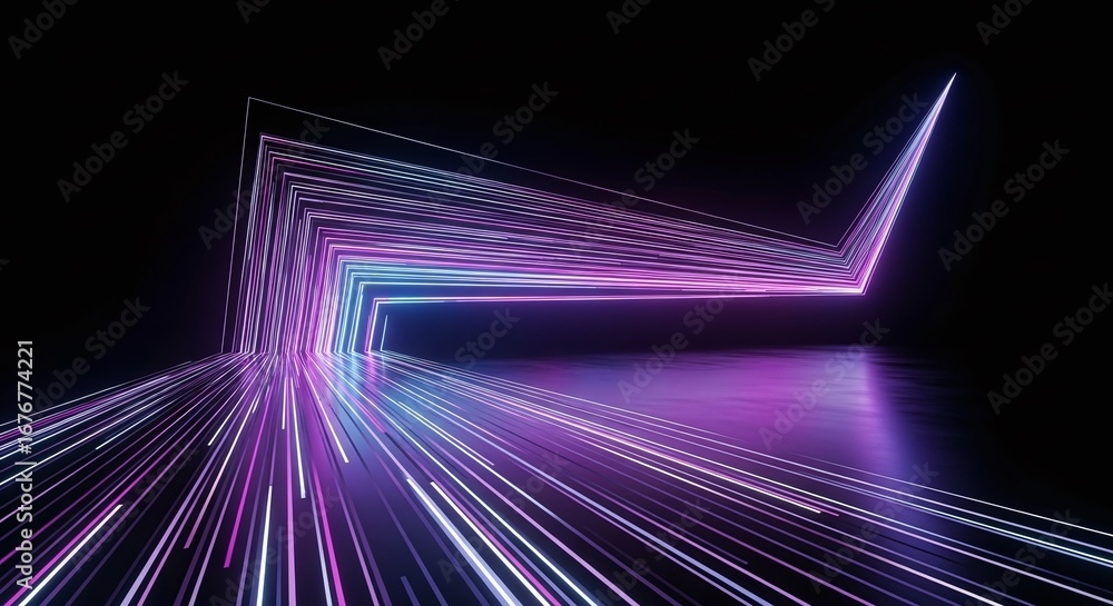 Fototapeta premium Abstract neon light tunnel with glowing lines and geometric shapes in dark space