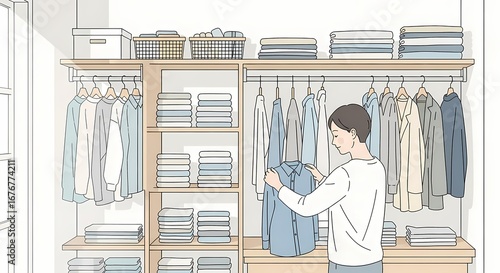 A calm flat illustration of a person organizing their home