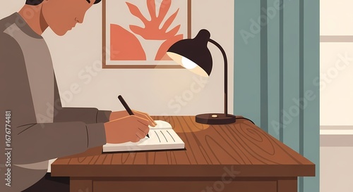 Flat vector illustration of a person journaling at a desk in warm light