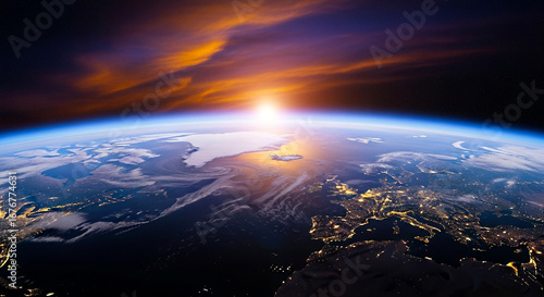 Sunrise over earth from space with clouds and city lights isolated on white background isolated on transparent background silhouette