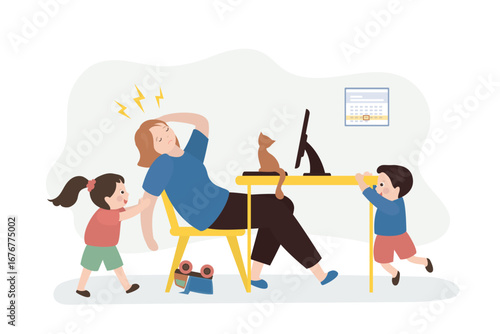 Stay home and working online. Tired mother with kids has distant job. Unhappy freelancer with computer in her workplace.