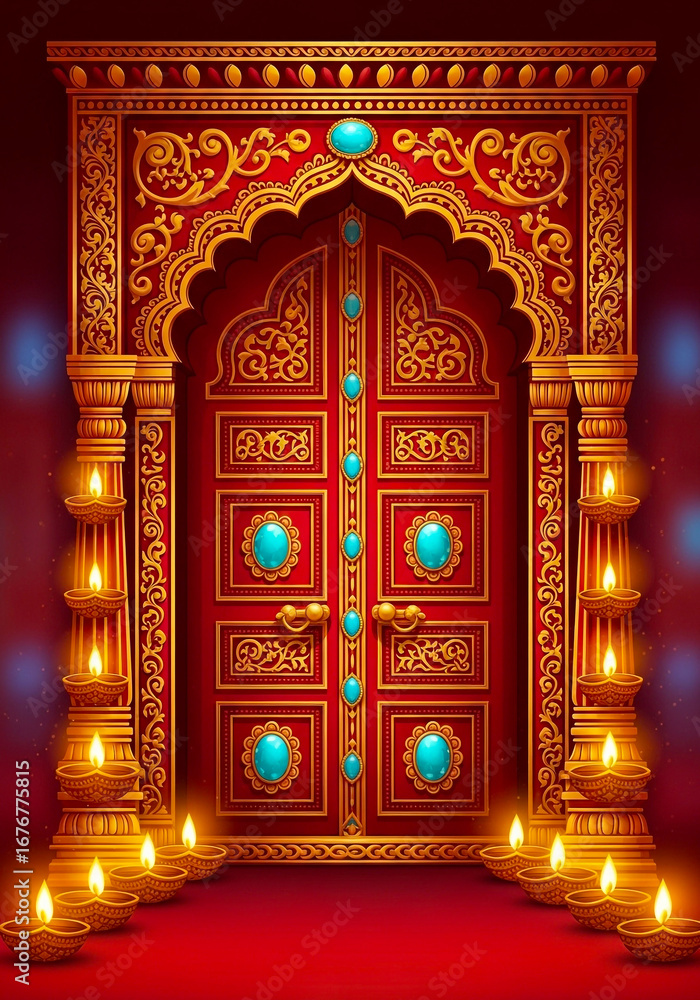 Obraz premium Ornate indian temple entrance with decorative archway and lit lamps isolated on white background isolated on transparent background silhouette