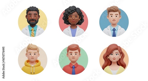 Collection of diverse cartoon avatars in circular frames isolated on white background