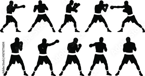 Twelve Boxing Silhouettes Demonstrating Diverse Fighting Stances.