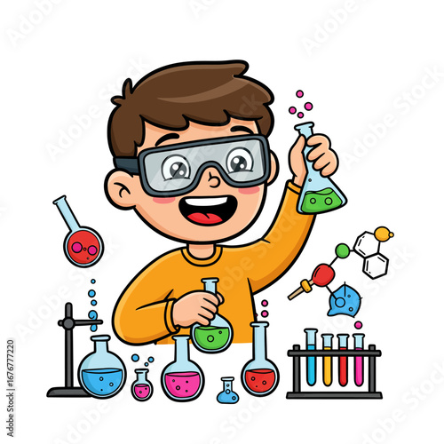 Happy cartoon boy in safety goggles conducting a colorful chemistry experiment with flasks and beakers.