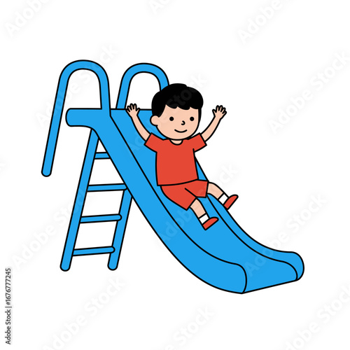 Happy cartoon boy in red clothes sliding down a bright blue playground slide with arms raised in joy.