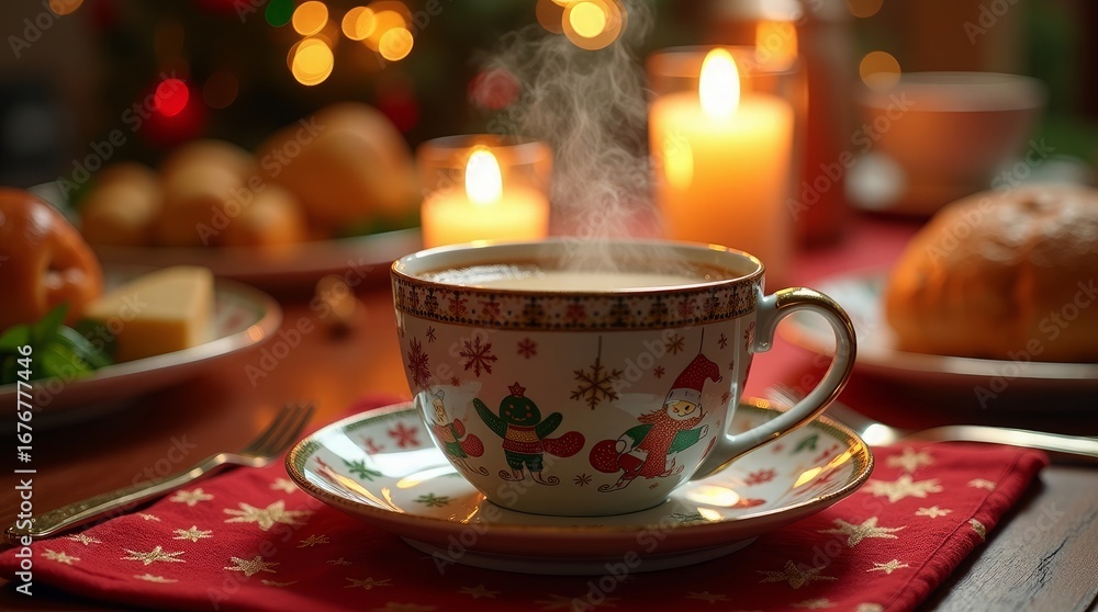 Fototapeta premium Hot beverage with festive cup and candles hot drink