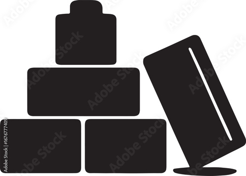 A simple black and white silhouette icon depicting a stack of building bricks with one brick tipping over.
