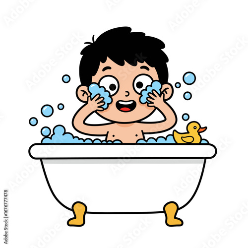 Happy cartoon boy with black hair washing his face with soap suds in a white clawfoot bathtub.