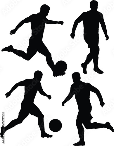 Four dynamic soccer player silhouettes in action dribbling running and kicking the ball.