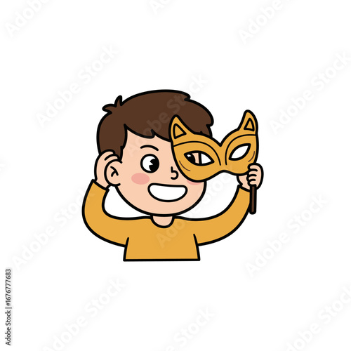 Happy cartoon boy with brown hair holding a yellow catshaped masquerade mask smiling playfully.