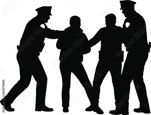 Silhouette of Police Officers Arresting a Suspect.