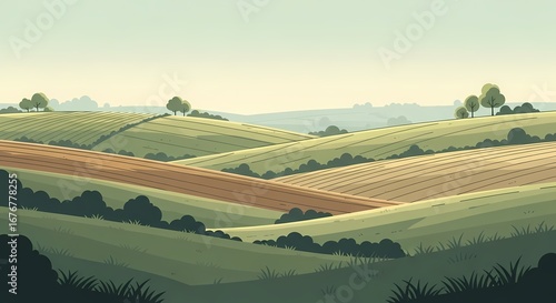 A quiet flat illustration of a peaceful countryside landscape