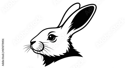 Illustration of a rabbit head in black and white with detailed features and long ears pointing upwards