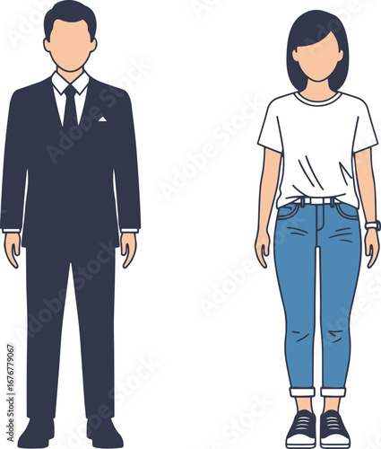 A digital illustration featuring a pixel art style depiction of a man in a business suit and a woman in casual attire