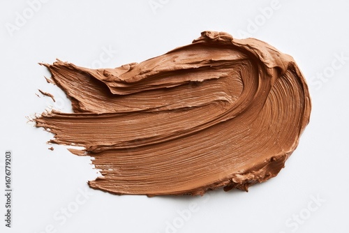 A swirled, light brown makeup smudge on white