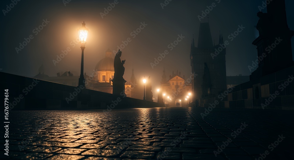 Obraz premium Misty Night Street Scene with Old Street Lamps and Historic Architecture