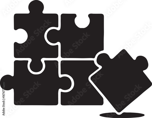 Four puzzle pieces forming a square with one piece separated