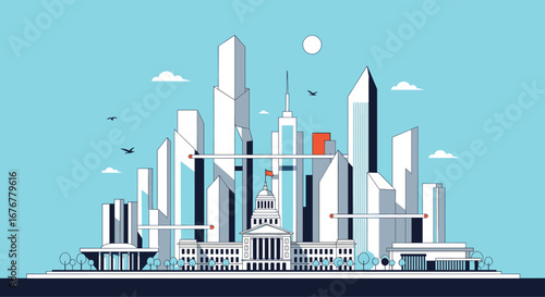 Modern urban landscape with tall skyscrapers and government building in daylight