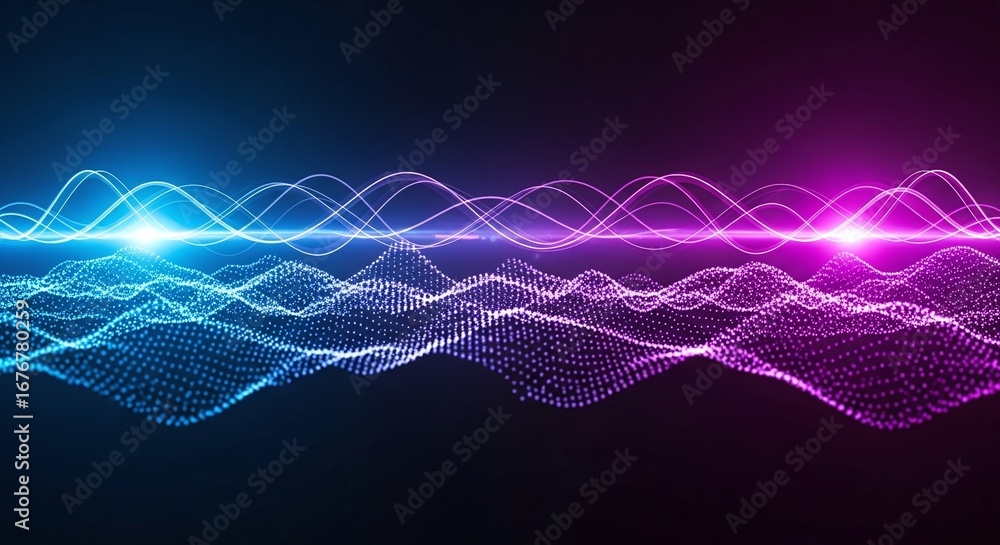 Fototapeta premium Abstract wavy lines of glowing particles in blue and purple on a dark background
