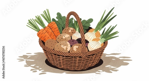 A fresh flat illustration of a basket of harvested vegetables