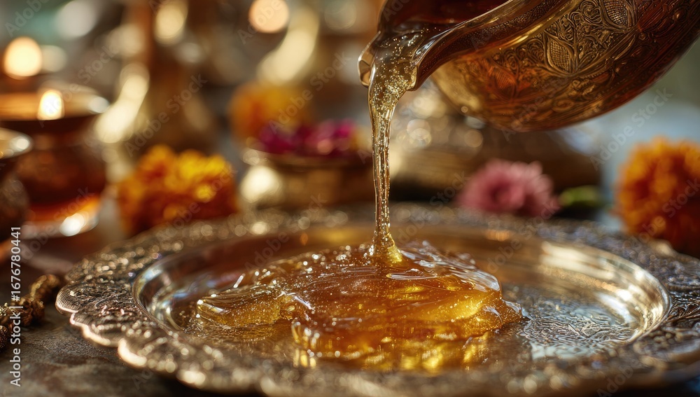 Fototapeta premium Golden liquid pours onto a sculpted, amber-hued substance on an ornate brass tray. Intricate details and warm lighting highlight the ritualistic scene