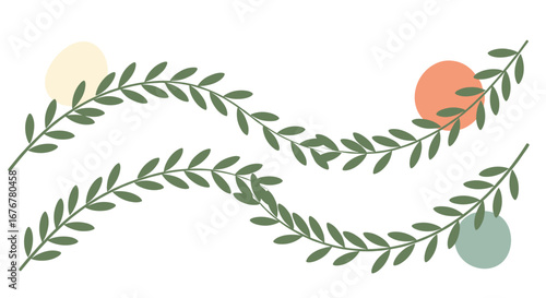 Whimsical woven greenery with abstract pastel circles and organic foliage design