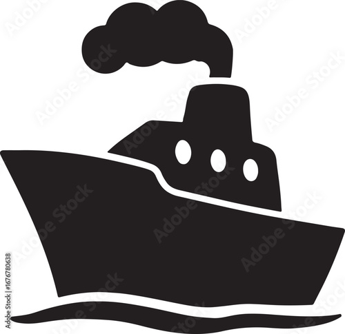 Black silhouette of a steamboat emitting smoke on water