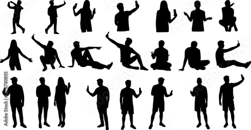 Silhouette group of people selfie different poses silhouette vector set on white background.	