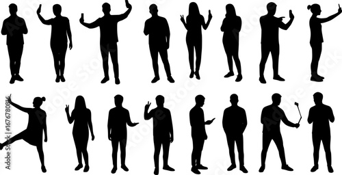 Silhouette group of people selfie different poses silhouette vector set on white background.	