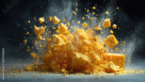 Exploding cheddar cheese with crumbs and dust against a dark backdrop