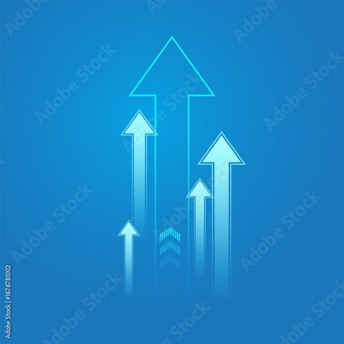 The up trend arrows in blue with gradient blue tones and digital-style design convey innovation, modernity. The vector of growing up ward blue arrows on blue background