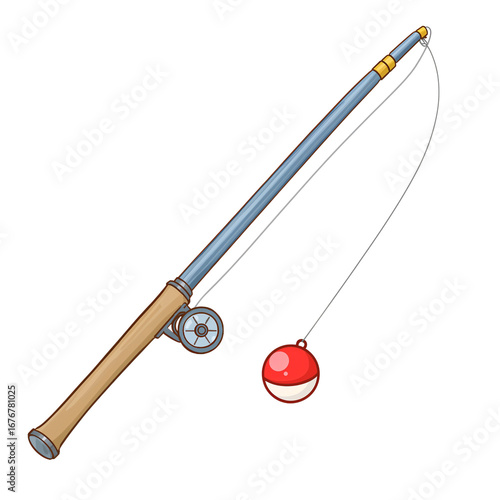 Get ready for a relaxing day of fishing with this charming cartoon fishing rod, perfect for children's books and outdoor adventure themes