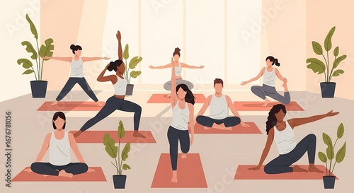 Flat stylized illustration of a group yoga class doing yoga in a peaceful studio