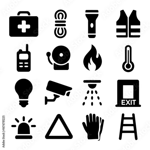 Safety and Emergency Icon Set: A comprehensive set of stylized black icons representing vital safety and emergency equipment, ideal for educational or informational use. 