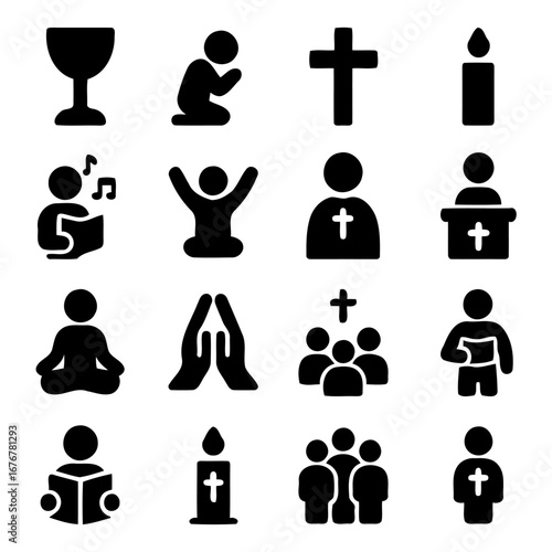 Symbolic Religious Icons: A collection of minimalist graphic icons represent elements of faith and worship.  Perfect for illustrating spiritual concepts or religious themed designs.