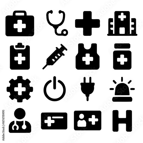 Healthcare Icons in Black: A selection of meticulously crafted, stark black icons representing essential medical elements, perfect for digital applications and informational designs.