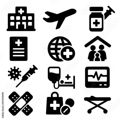 Medical Icon Set: A curated collection of essential medical and healthcare icons, neatly organized, representing different aspects of health and care. Designed with a clean, modern aesthetic.