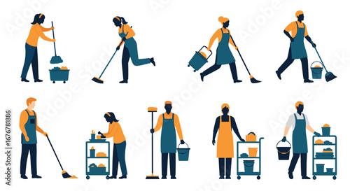 Professional cleaning staff performing various household tasks with cleaning equipment and supplies