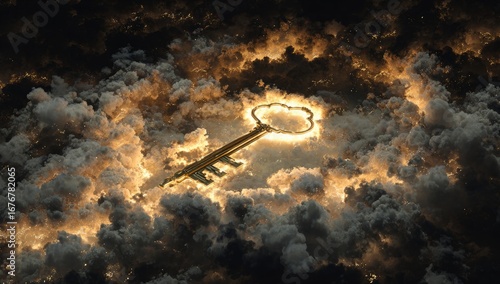 An antique key glows within a swirling cloud formation