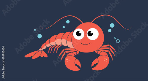 Cute cartoon shrimp swimming in deep blue ocean waters with bubbles and a happy expression