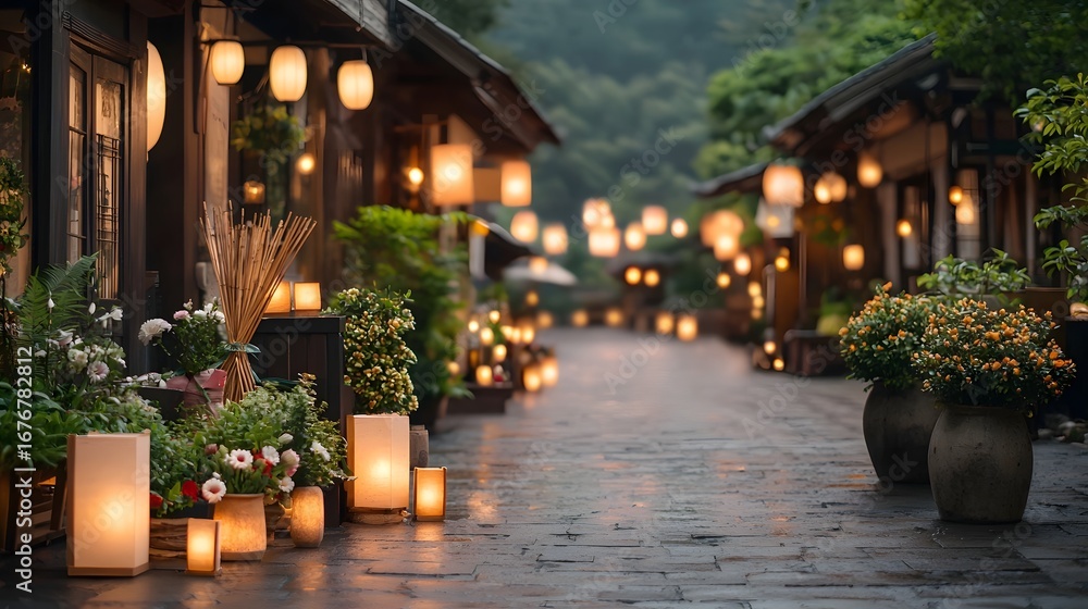 Fototapeta premium A picturesque village square adorned with traditional Japanese paper lanterns creating a warm and serene atmosphere on a quiet night