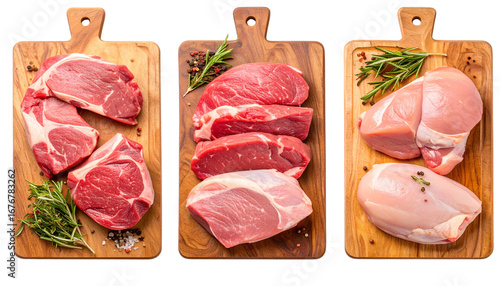 Fresh Butcher’s Meat and Poultry on Cutting Boards, Top View, isolated on a transparent background PNG