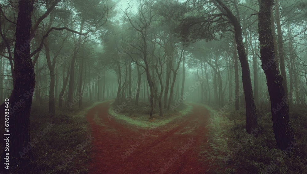 Naklejka premium Foggy forest path with a fork in the road