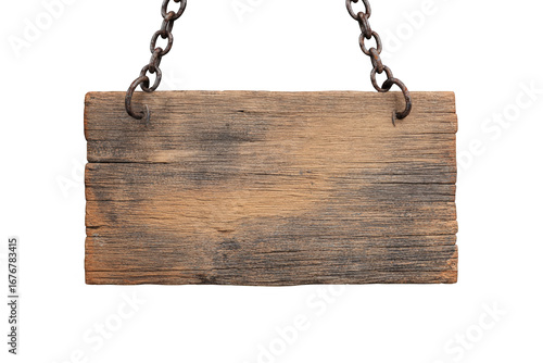 Aged wooden sign hanging by chains