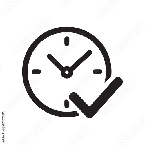 Clock with Check Mark Icon Black and White Vector