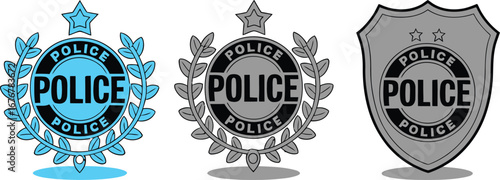 Three police badges in blue black and grey on white background