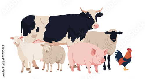 Diverse farm animals gathering together including cows sheep pig and rooster